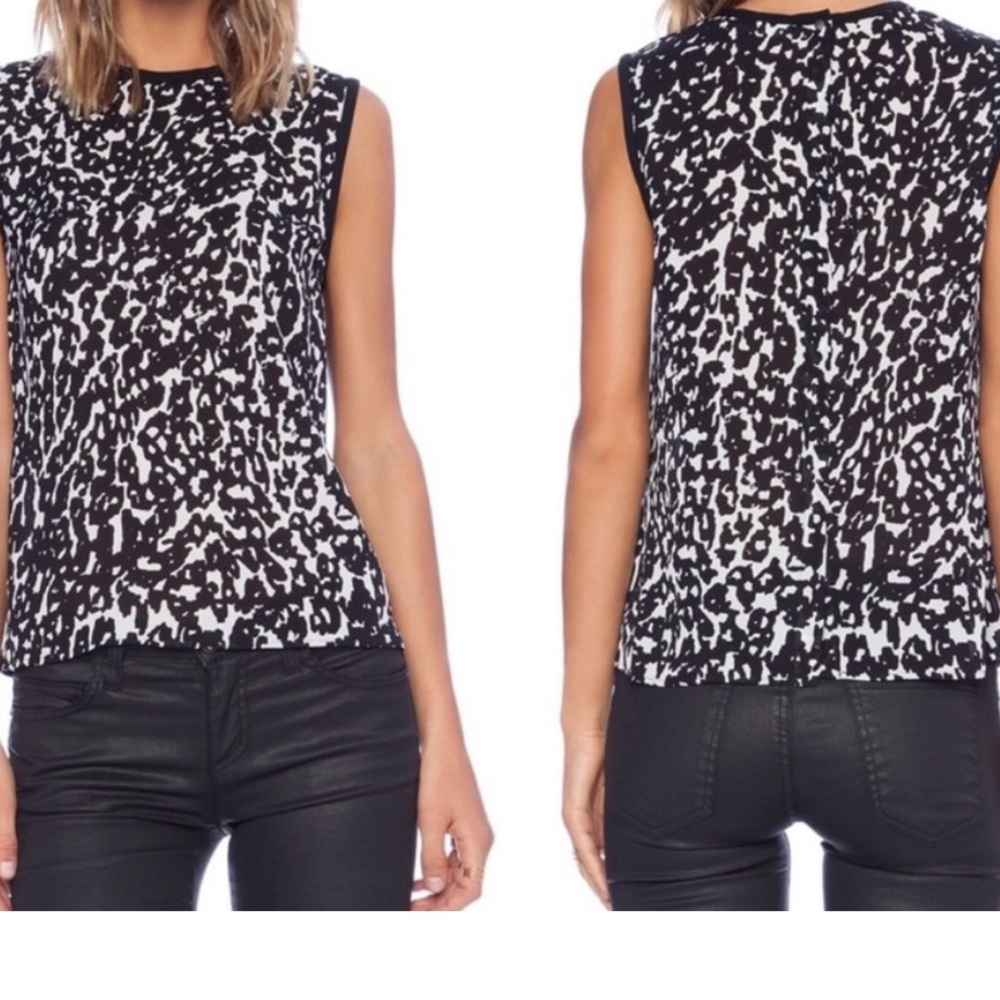 A.L.C. Top Sleeveless Leopard Animal Print Black White Silk SZ L $244 New Retail